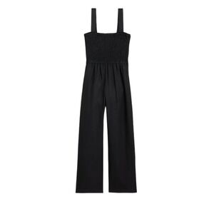 J Crew Black Linen Smocked Wide Leg Jumpsuit SU22 BI579‎ Breathable Lightweight